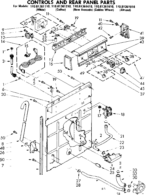 Kenmore 11081361810 control and rear panel parts diagram