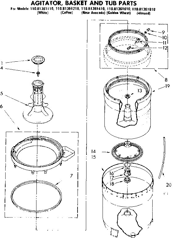 Kenmore 11081361810 agitator basket and tub parts diagram