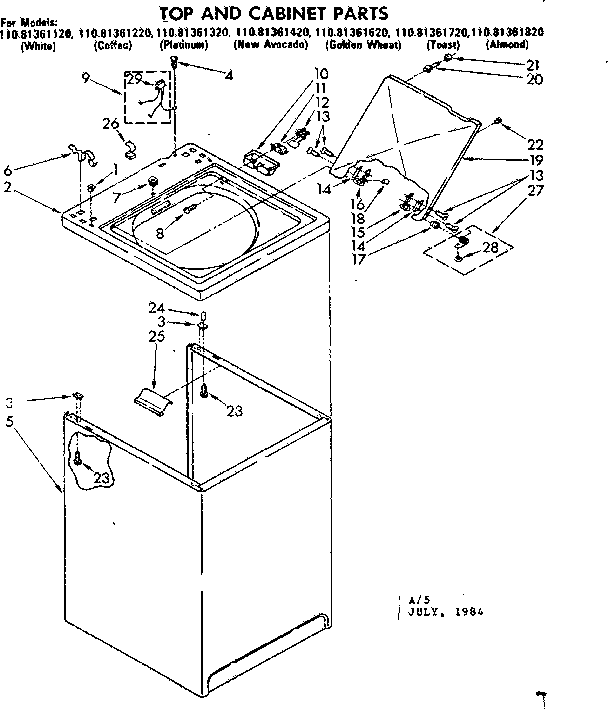 Kenmore 11081361820 top and cabinet parts diagram