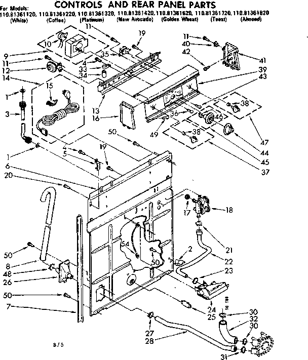 Kenmore 11081361820 controls and rear panel parts diagram