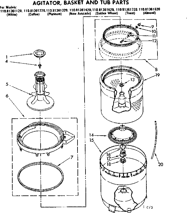 Kenmore 11081361820 agitator basket and tub parts diagram