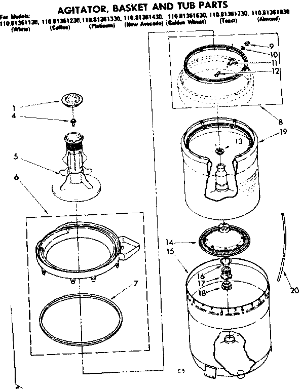 Kenmore 11081361830 agitator basket & tub parts diagram