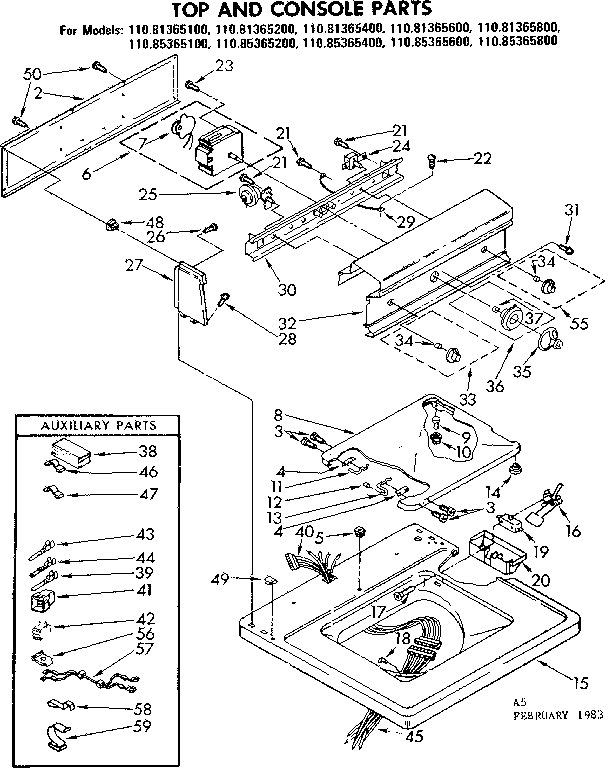 Kenmore 11085365400 top and console parts diagram
