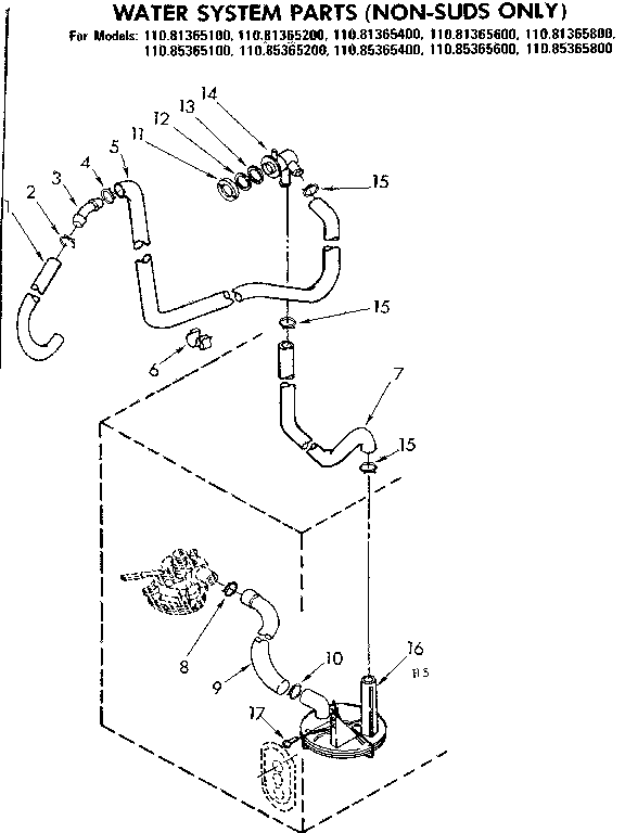 Kenmore 11085365400 water system parts non-suds only diagram