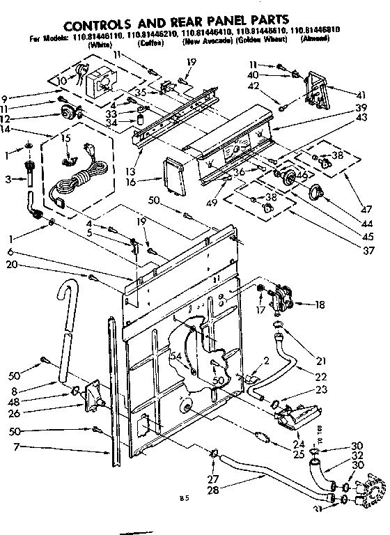 Kenmore 11081446610 control and rear panel parts diagram