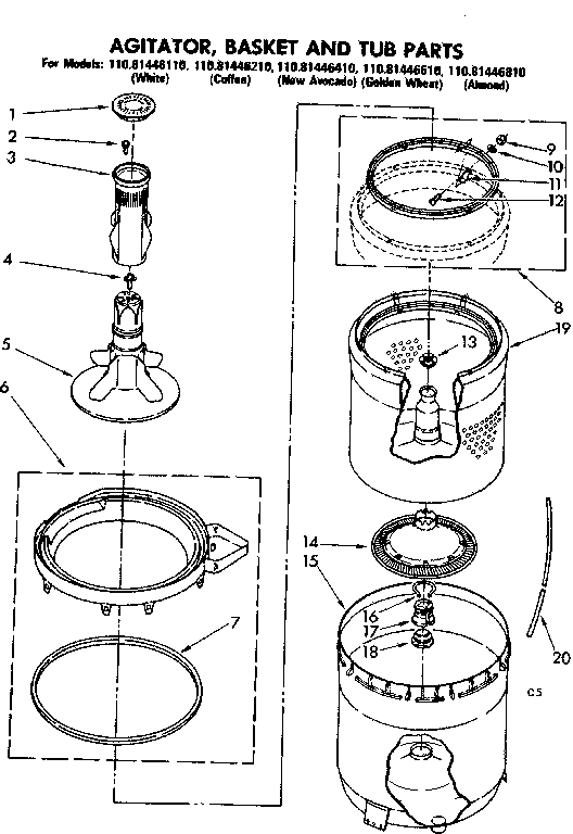 Kenmore 11081446610 agitator basket and tub parts diagram