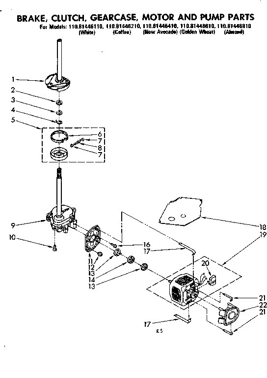 Kenmore 11081446610 brake clutch gearcase motor & pump parts diagram