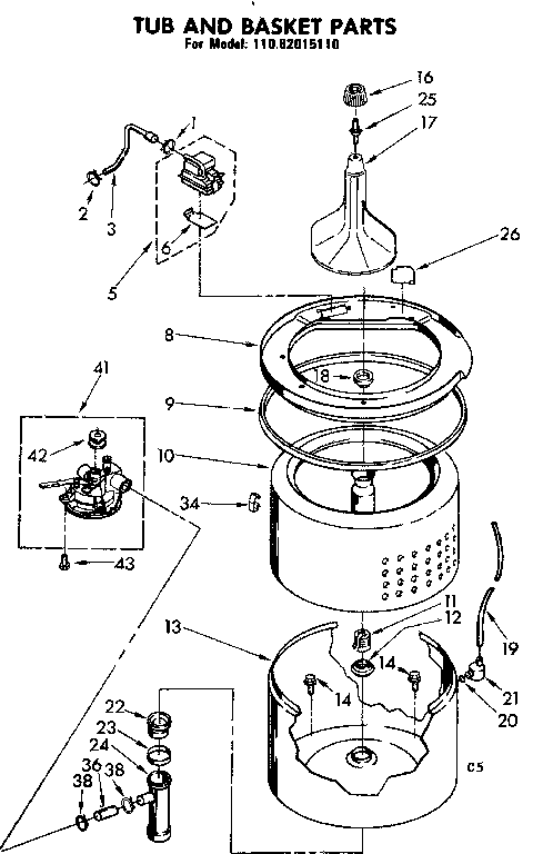 Kenmore 11082015110 tub and basket parts diagram