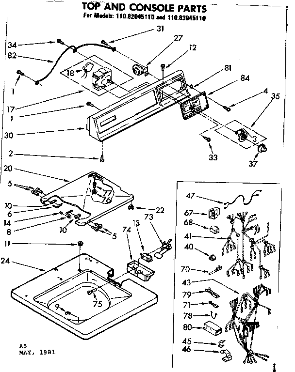 Kenmore 11083045110 top and console parts diagram