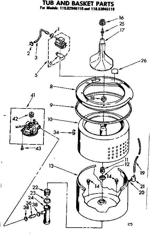 Kenmore 11083045110 tub and basket parts diagram