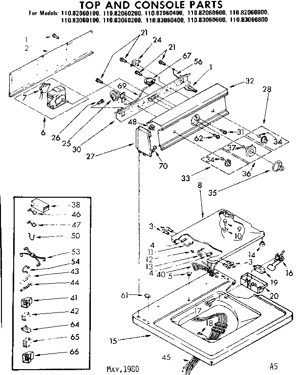 Kenmore 11082060400 top and console parts diagram