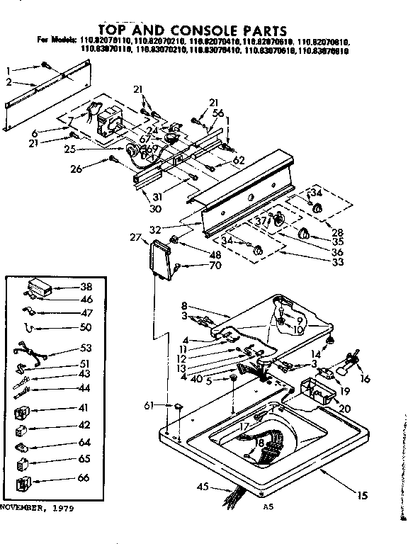Kenmore 11082070110 top and console parts diagram