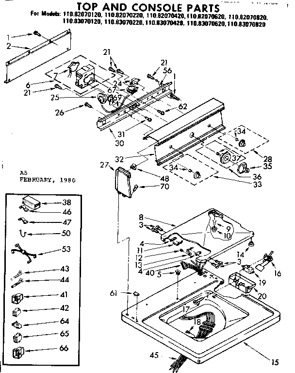 Kenmore 11082070420 top and console parts diagram