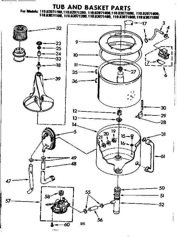 Kenmore 11083071600 tub and basket parts diagram