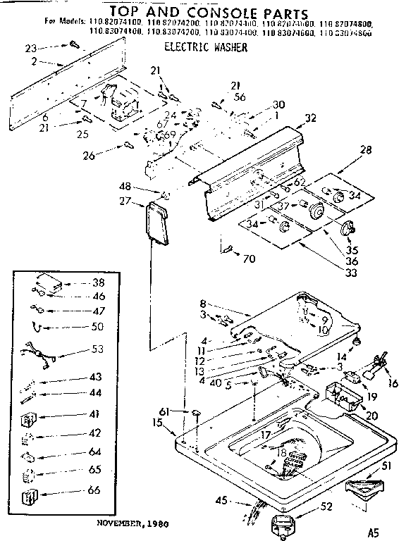 Kenmore 11082074600 top and console parts diagram