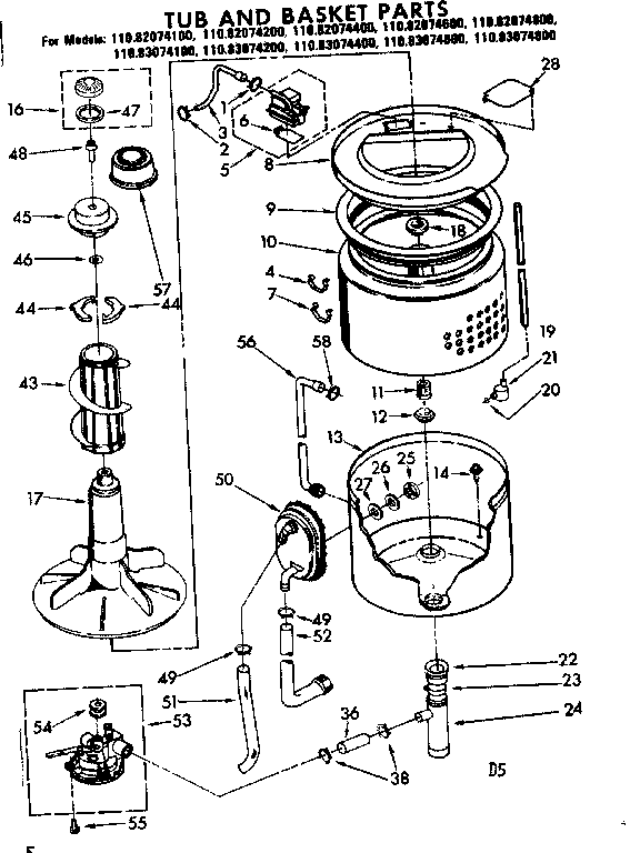 Kenmore 11082074600 tub and basket parts diagram