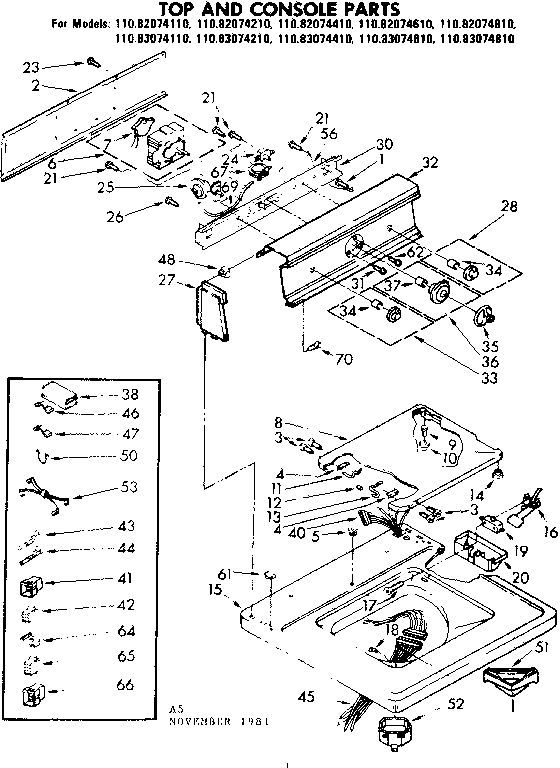 Kenmore 11083074110 top and console parts diagram
