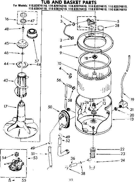 Kenmore 11083074110 tub and basket parts diagram