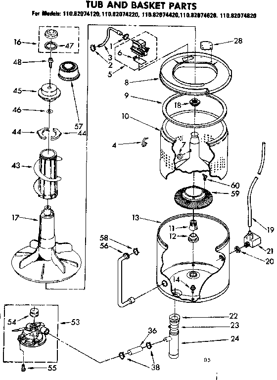 Kenmore 11082074620 tub and basket parts diagram