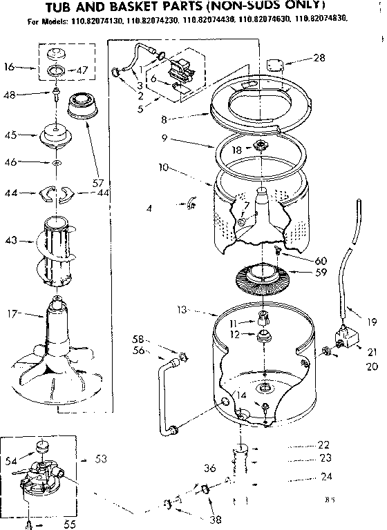 Kenmore 11082074230 tub and basket parts non-suds only diagram