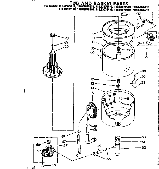 Kenmore 11082075210 tub and basket parts diagram