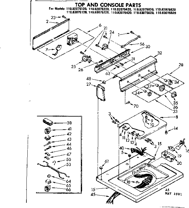 Kenmore 11082075820 top and console parts diagram