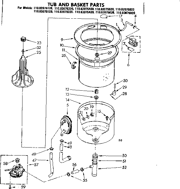Kenmore 11082075820 tub and basket parts diagram
