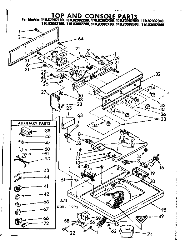 Kenmore 11083082800 top and console parts diagram