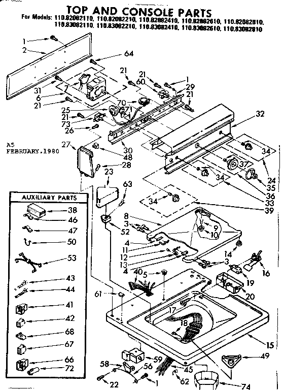 Kenmore 11083082610 top and console parts diagram