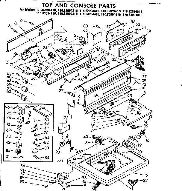 Kenmore 11082094210 top and console parts diagram