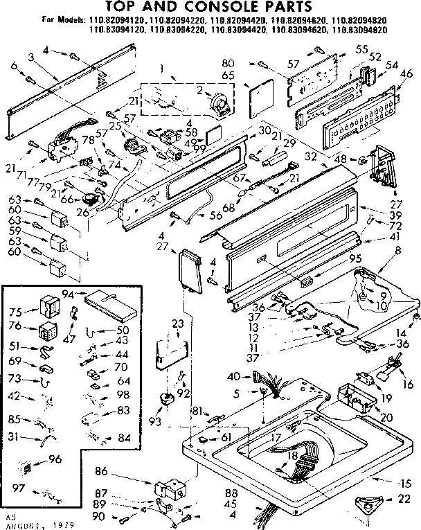 Kenmore 11083094820 top and console parts diagram