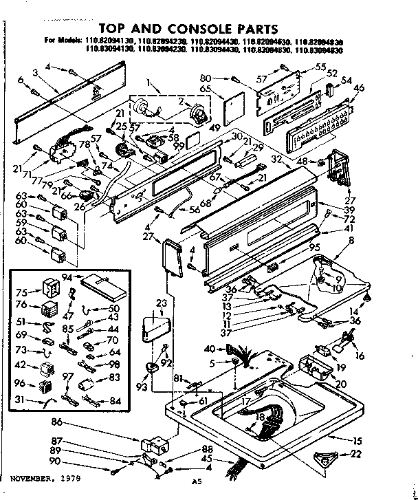 Kenmore 11082094630 top and console parts diagram