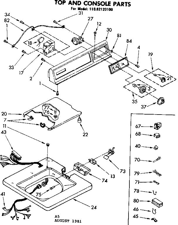 Kenmore 11082120100 top and console parts diagram