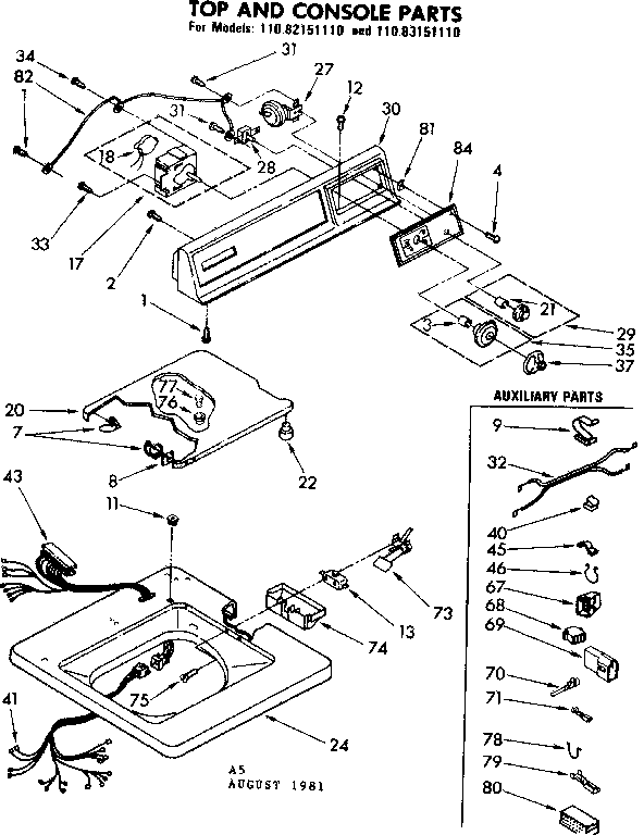 Kenmore 11083151110 top and console parts diagram