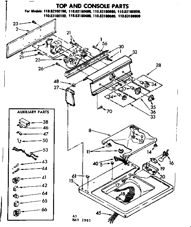 Kenmore 11082160400 top and console parts diagram