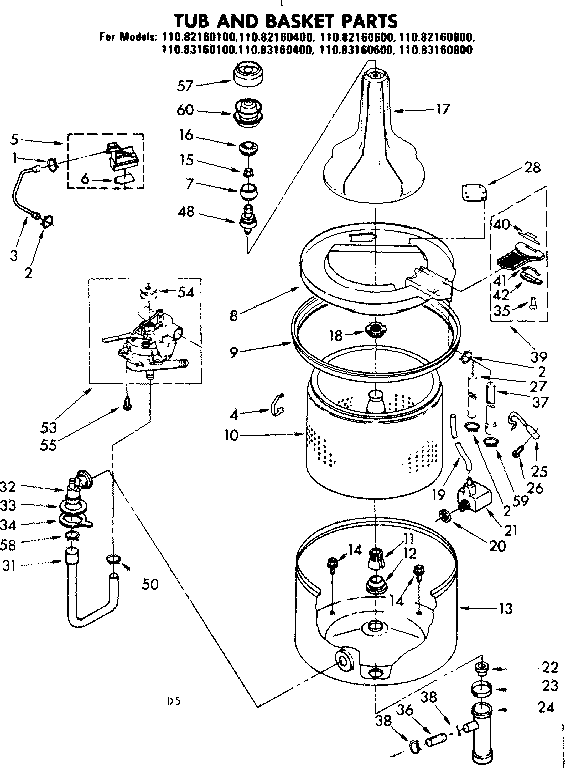 Kenmore 11082160400 tub and basket parts diagram