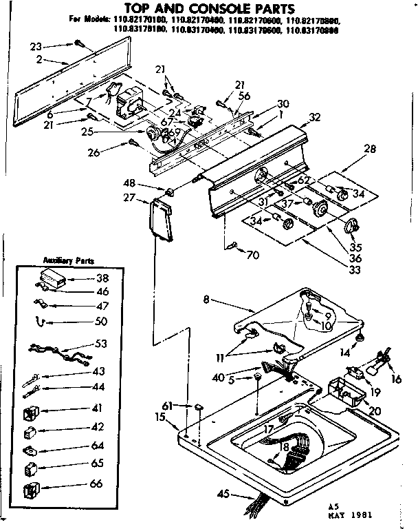 Kenmore 11083170100 top and console parts diagram