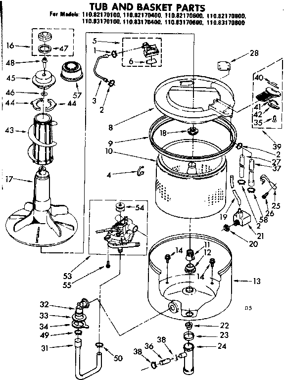 Kenmore 11083170100 tub and basket part diagram