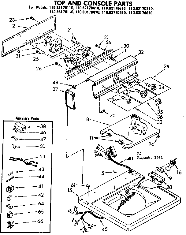 Kenmore 11082170110 top and console parts diagram