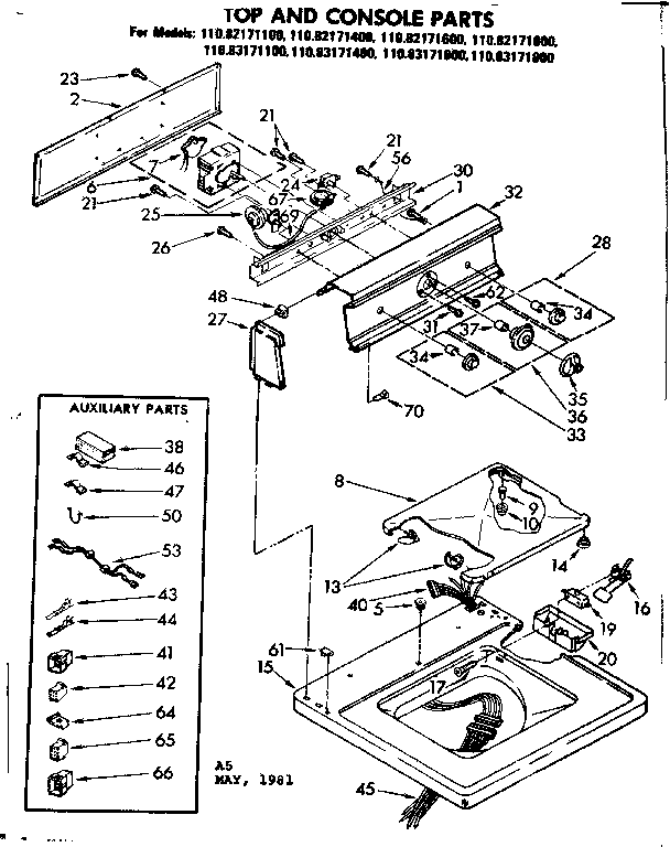 Kenmore 11082171800 top and console parts diagram