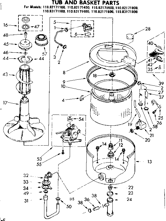 Kenmore 11082171800 tub and basket parts diagram