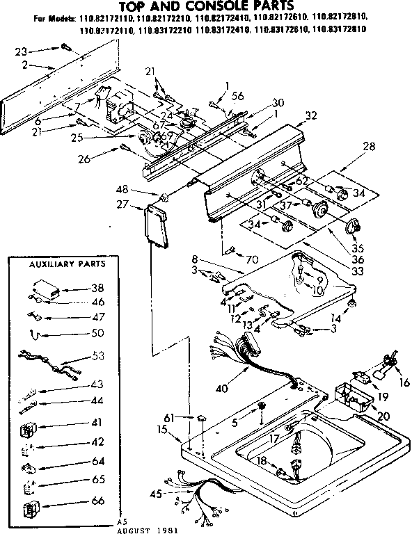 Kenmore 11082172210 top and console parts diagram