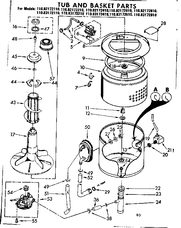 Kenmore 11082172210 tub and basket parts diagram