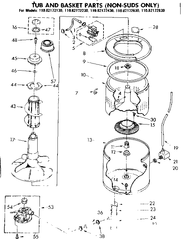 Kenmore 11083172430 tub and basket parts non-suds only diagram