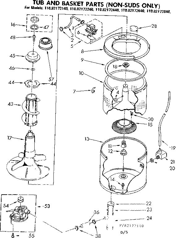 Kenmore 11083172840 tub and basket parts non-suds only diagram