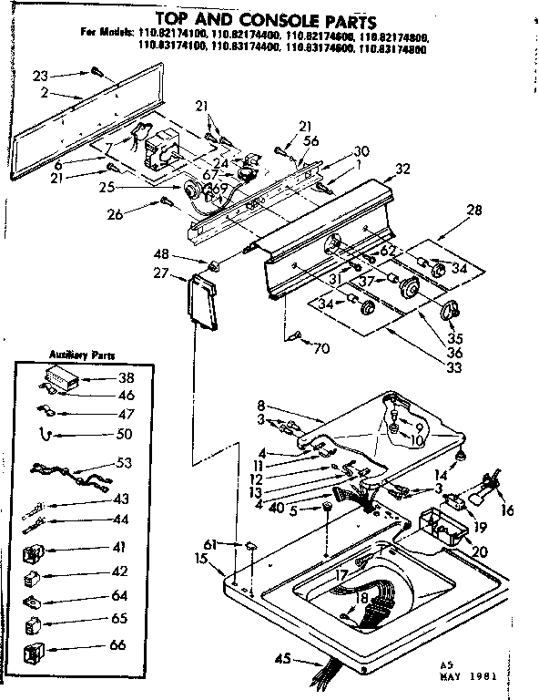 Kenmore 11083174400 top and console parts diagram