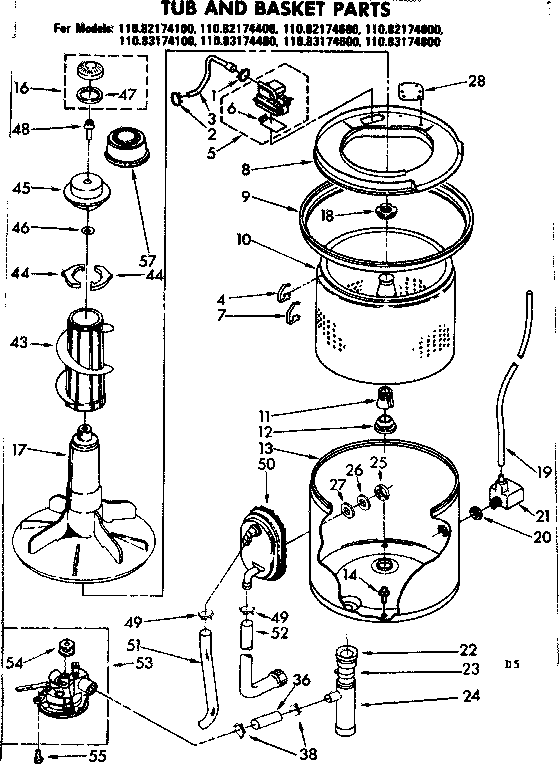 Kenmore 11083174400 tub and basket parts diagram