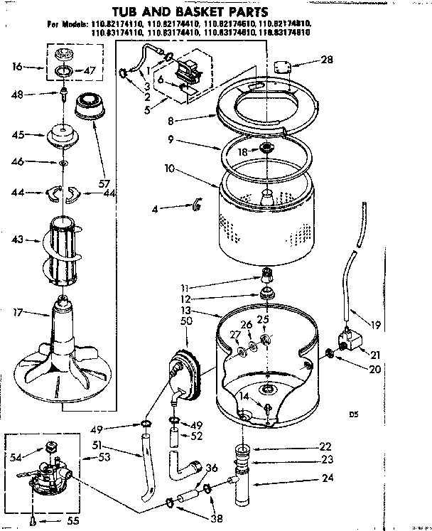 Kenmore 11082174410 tub and basket parts diagram