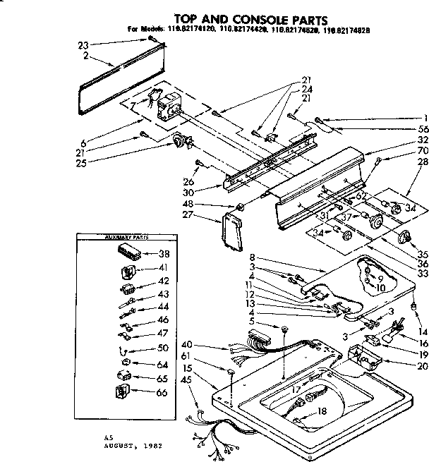 Kenmore 11082174120 top and console parts diagram