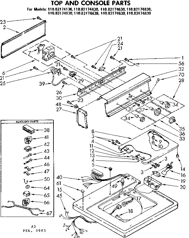 Kenmore 11082174130 top and console parts diagram